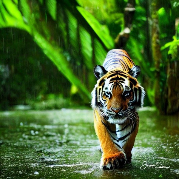 tiger walking in a rain forest